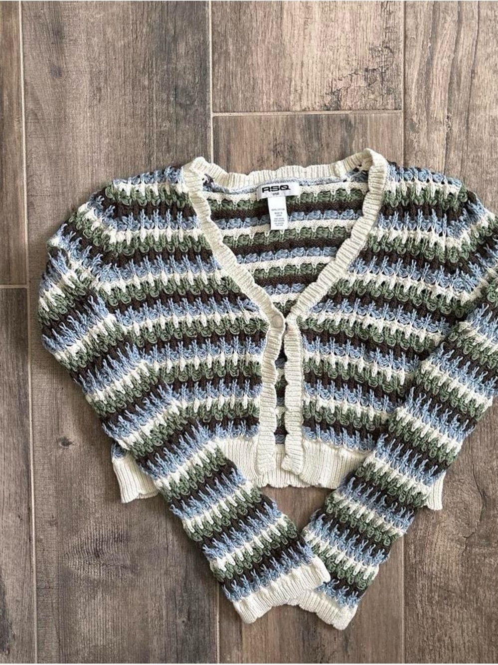 RSQ Striped Cropped Cardigan - White, Blue, Green, Brown